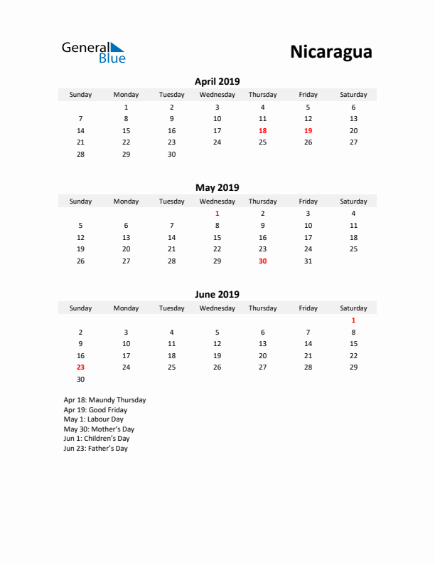 Printable Quarterly Calendar with Notes and Nicaragua Holidays- Q2 of 2019