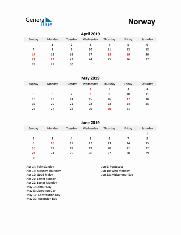 Printable Quarterly Calendar with Notes and Norway Holidays- Q2 of 2019