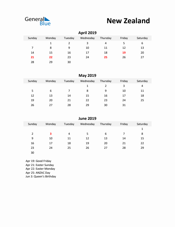 Printable Quarterly Calendar with Notes and New Zealand Holidays- Q2 of 2019