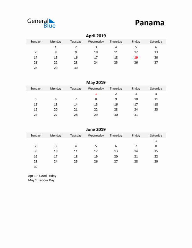 Printable Quarterly Calendar with Notes and Panama Holidays- Q2 of 2019