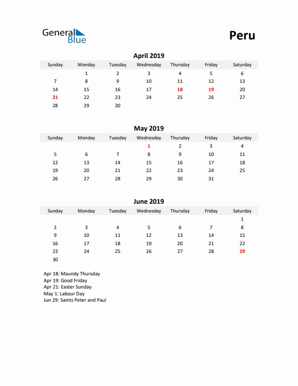 Printable Quarterly Calendar with Notes and Peru Holidays- Q2 of 2019