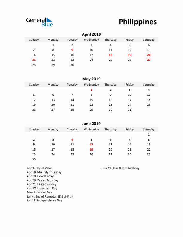 Printable Quarterly Calendar with Notes and Philippines Holidays- Q2 of 2019