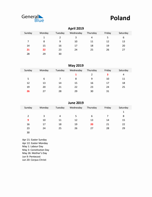 Printable Quarterly Calendar with Notes and Poland Holidays- Q2 of 2019