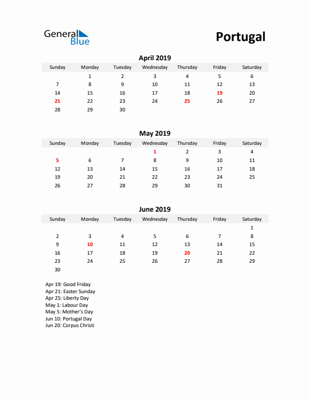 Printable Quarterly Calendar with Notes and Portugal Holidays- Q2 of 2019