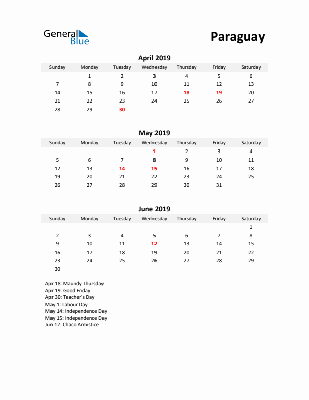 Printable Quarterly Calendar with Notes and Paraguay Holidays- Q2 of 2019