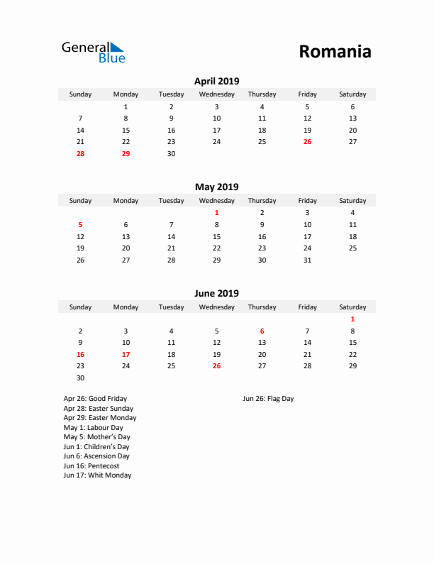 Printable Quarterly Calendar with Notes and Romania Holidays- Q2 of 2019