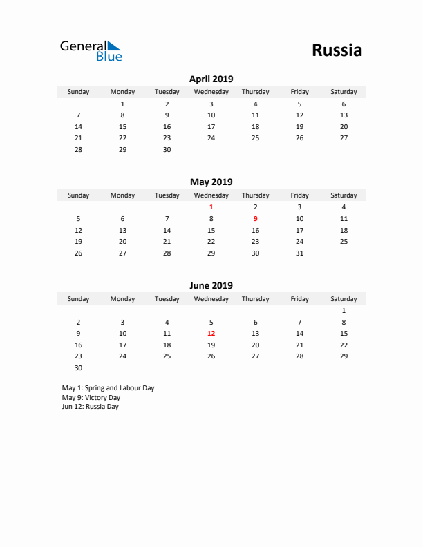 Printable Quarterly Calendar with Notes and Russia Holidays- Q2 of 2019