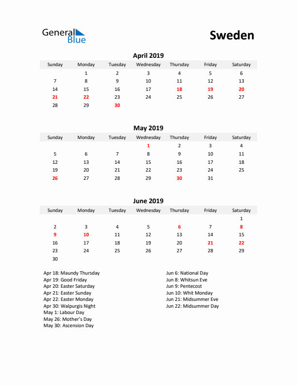 Printable Quarterly Calendar with Notes and Sweden Holidays- Q2 of 2019