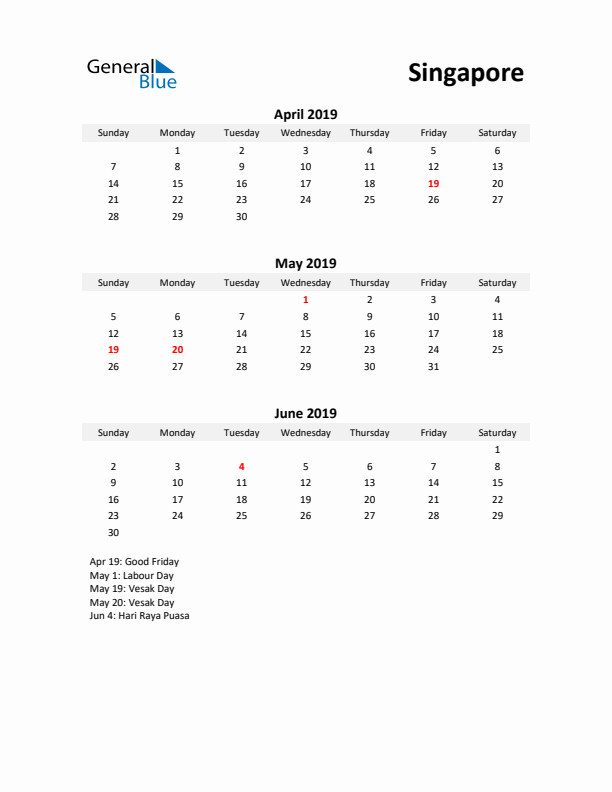 Printable Quarterly Calendar with Notes and Singapore Holidays- Q2 of 2019