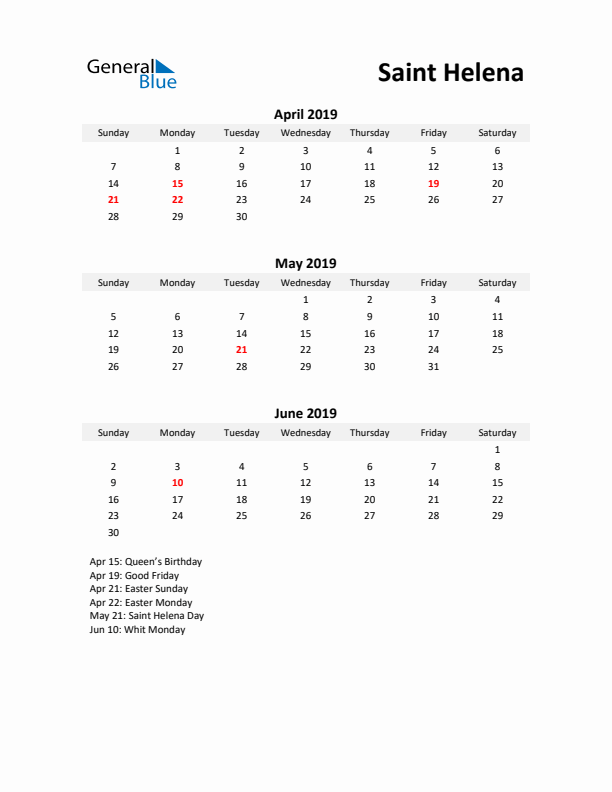 Printable Quarterly Calendar with Notes and Saint Helena Holidays- Q2 of 2019