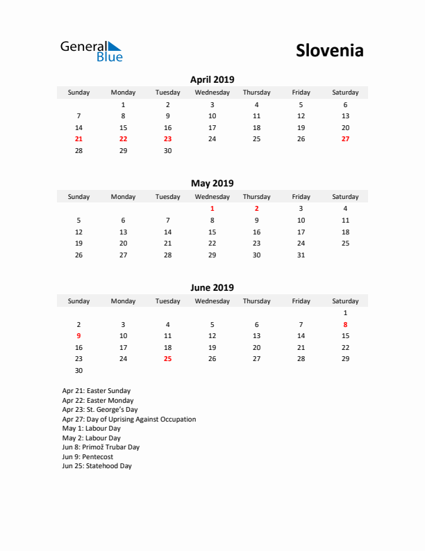 Printable Quarterly Calendar with Notes and Slovenia Holidays- Q2 of 2019