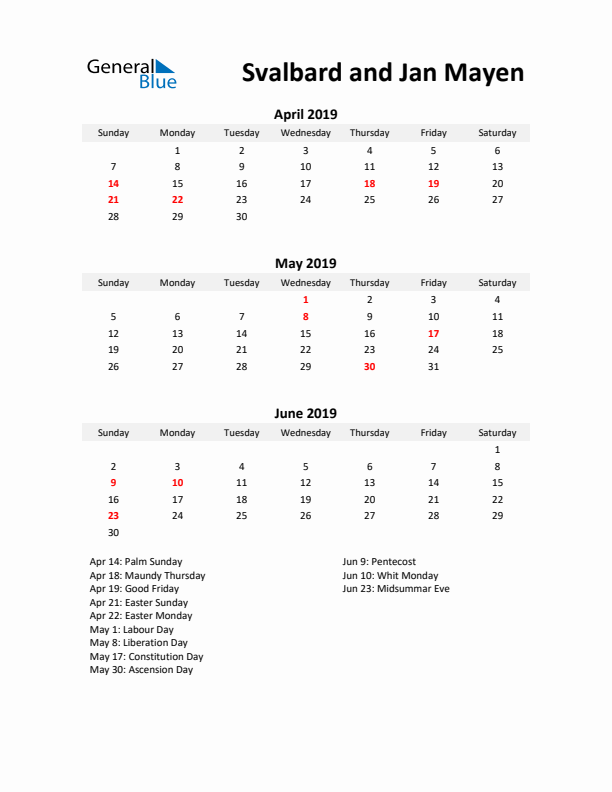 Printable Quarterly Calendar with Notes and Svalbard and Jan Mayen Holidays- Q2 of 2019