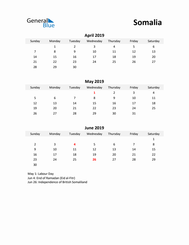 Printable Quarterly Calendar with Notes and Somalia Holidays- Q2 of 2019