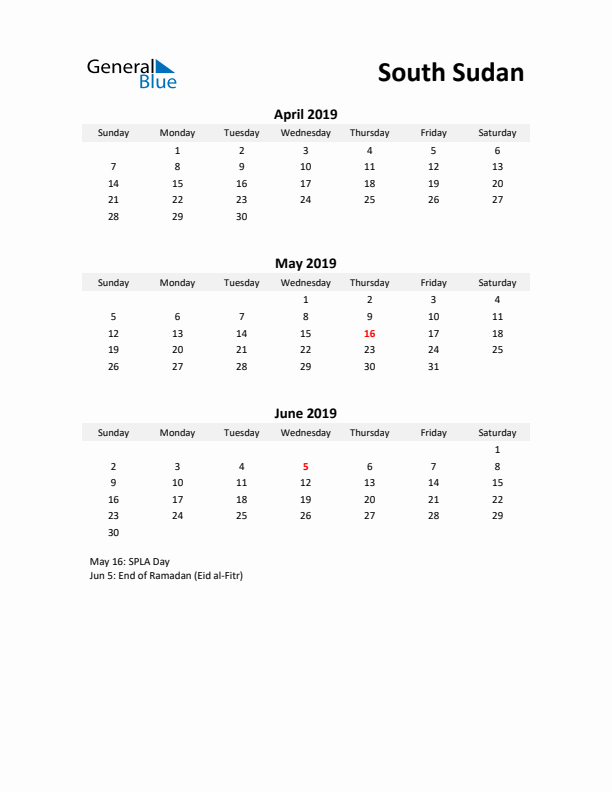 Printable Quarterly Calendar with Notes and South Sudan Holidays- Q2 of 2019