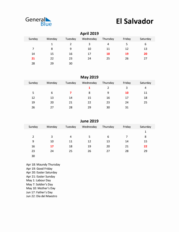 Printable Quarterly Calendar with Notes and El Salvador Holidays- Q2 of 2019