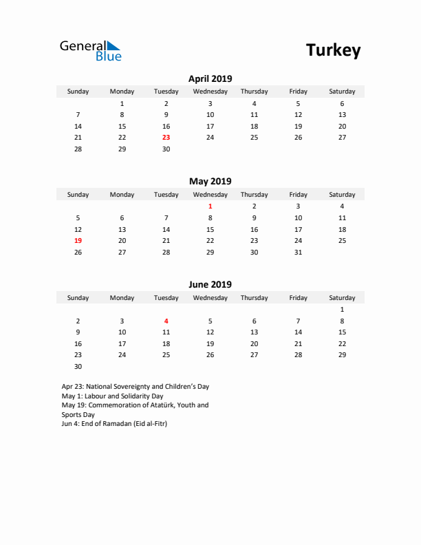 Printable Quarterly Calendar with Notes and Turkey Holidays- Q2 of 2019