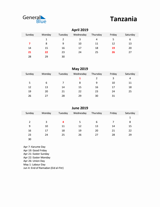 Printable Quarterly Calendar with Notes and Tanzania Holidays- Q2 of 2019