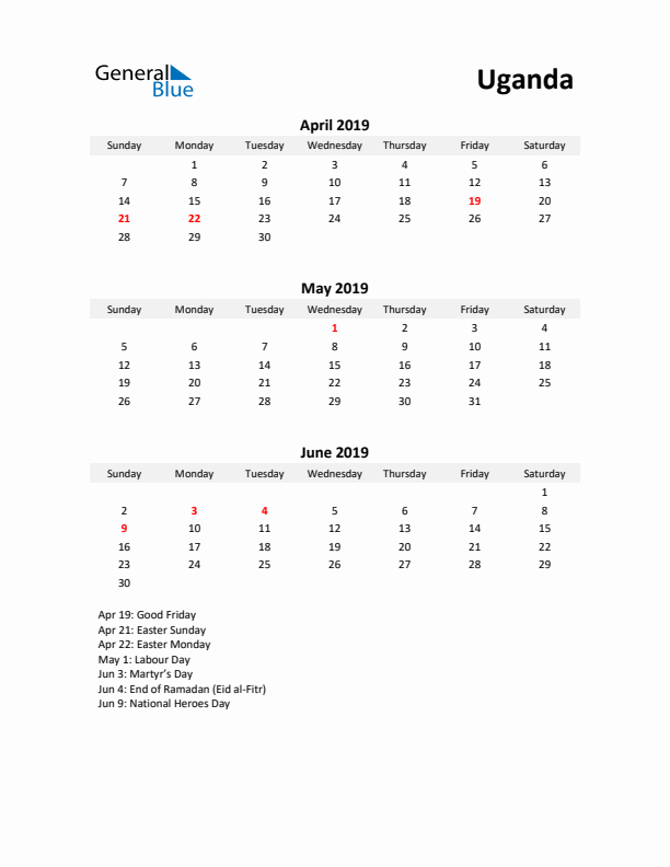 Printable Quarterly Calendar with Notes and Uganda Holidays- Q2 of 2019