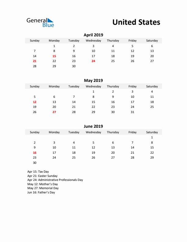 Printable Quarterly Calendar with Notes and United States Holidays- Q2 of 2019