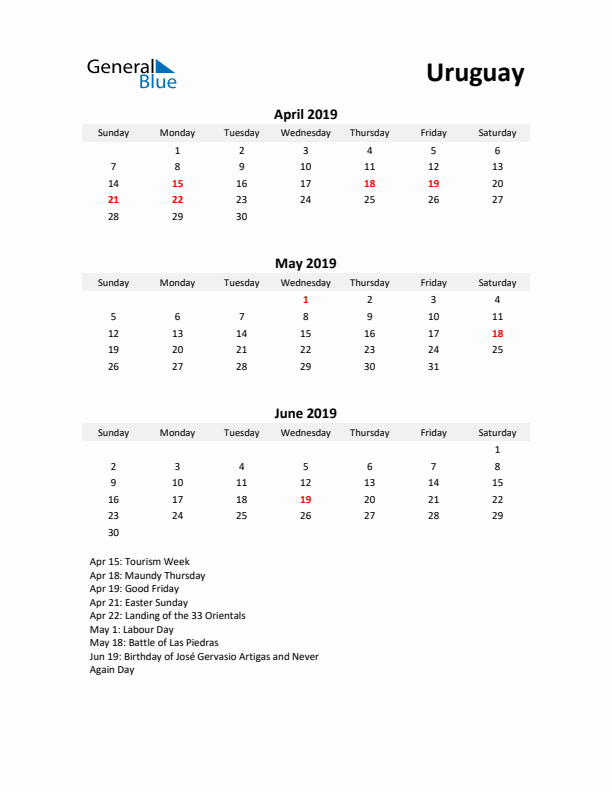 Printable Quarterly Calendar with Notes and Uruguay Holidays- Q2 of 2019