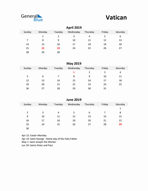 Printable Quarterly Calendar with Notes and Vatican Holidays- Q2 of 2019