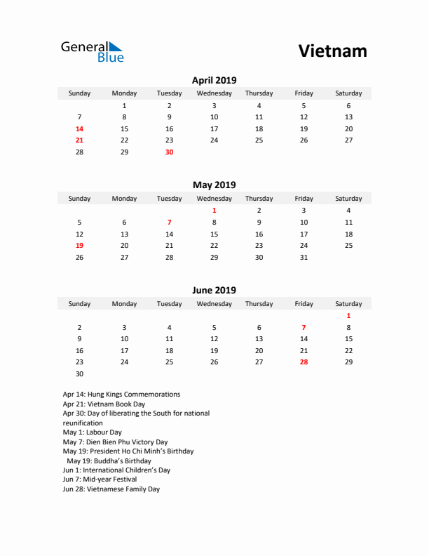 Printable Quarterly Calendar with Notes and Vietnam Holidays- Q2 of 2019