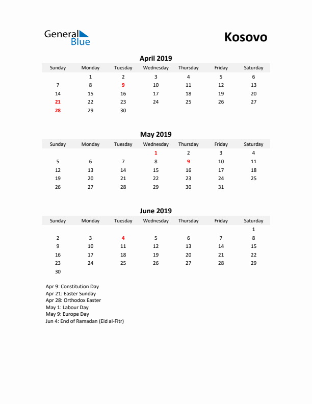 Printable Quarterly Calendar with Notes and Kosovo Holidays- Q2 of 2019