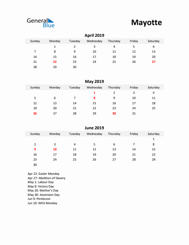 Printable Quarterly Calendar with Notes and Mayotte Holidays- Q2 of 2019