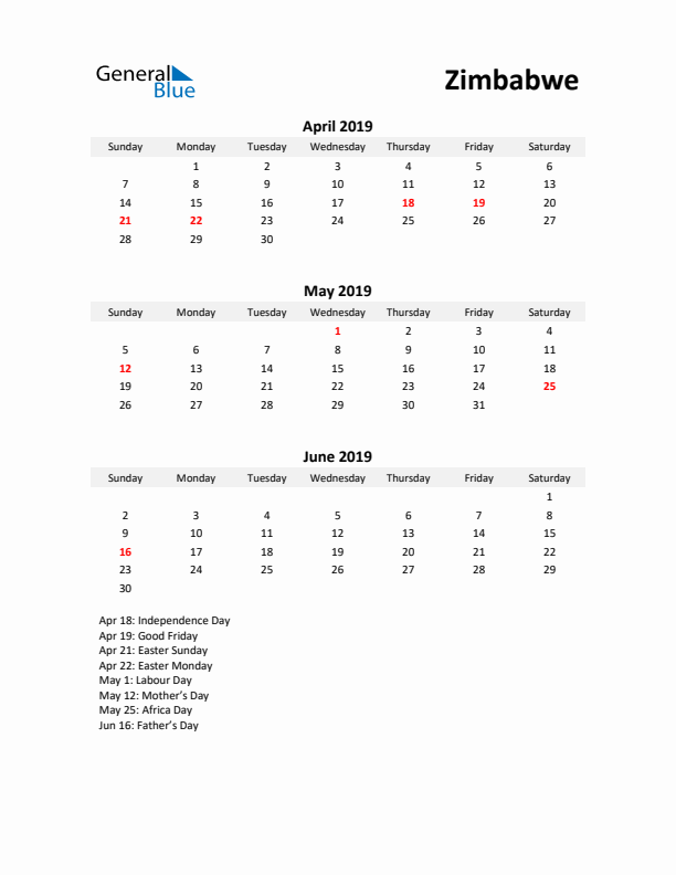 Printable Quarterly Calendar with Notes and Zimbabwe Holidays- Q2 of 2019