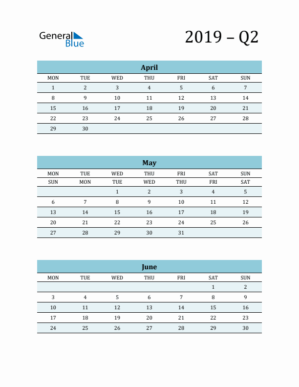 April, May, and June 2019 Calendar