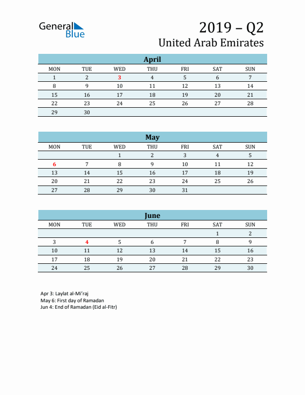 Three-Month Planner for Q2 2019 with Holidays - United Arab Emirates