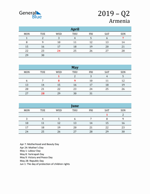 Three-Month Planner for Q2 2019 with Holidays - Armenia