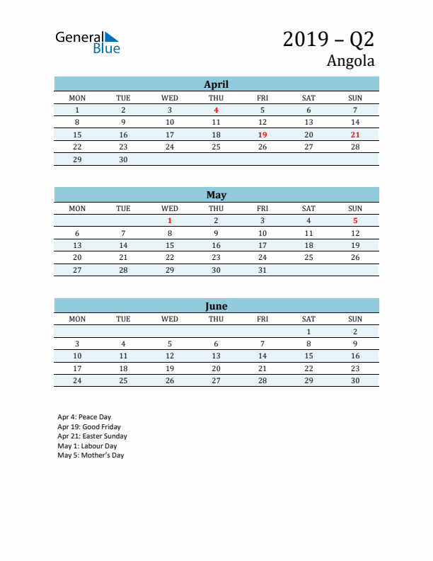 Three-Month Planner for Q2 2019 with Holidays - Angola