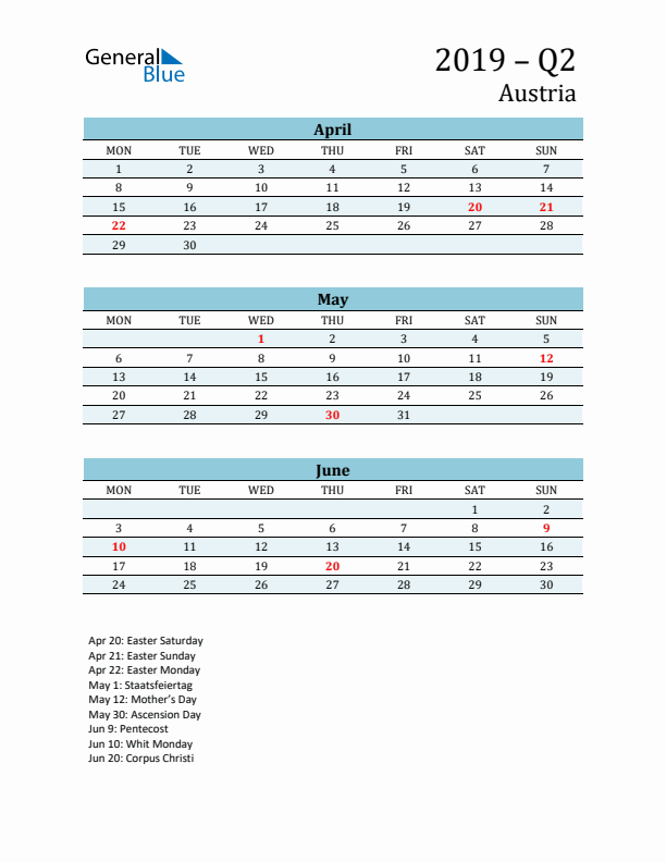 Three-Month Planner for Q2 2019 with Holidays - Austria