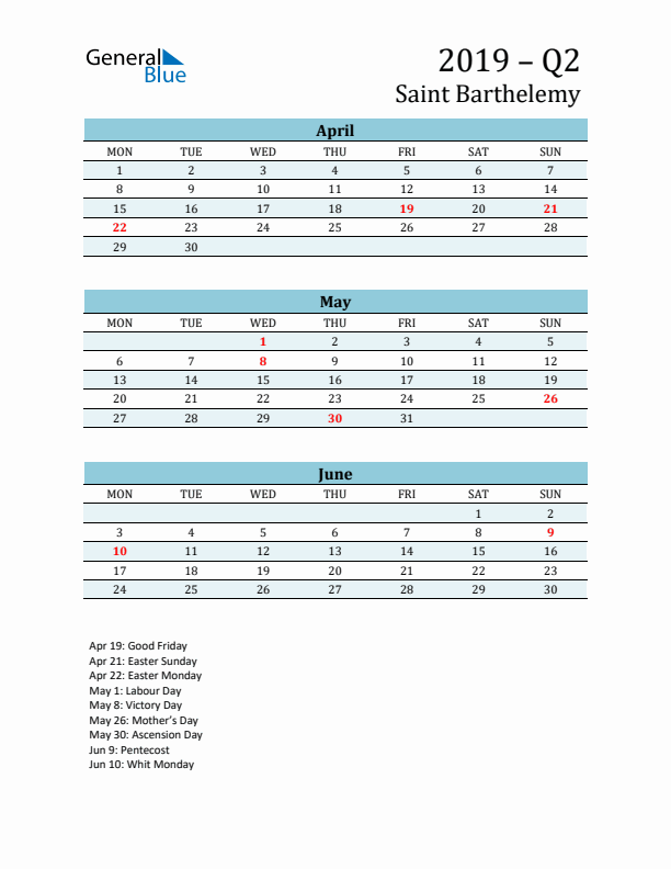 Three-Month Planner for Q2 2019 with Holidays - Saint Barthelemy