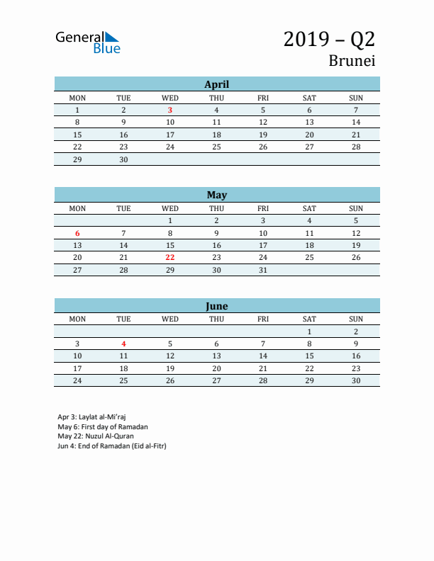 Three-Month Planner for Q2 2019 with Holidays - Brunei