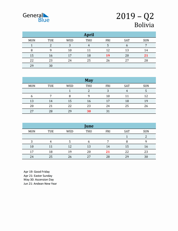 Three-Month Planner for Q2 2019 with Holidays - Bolivia