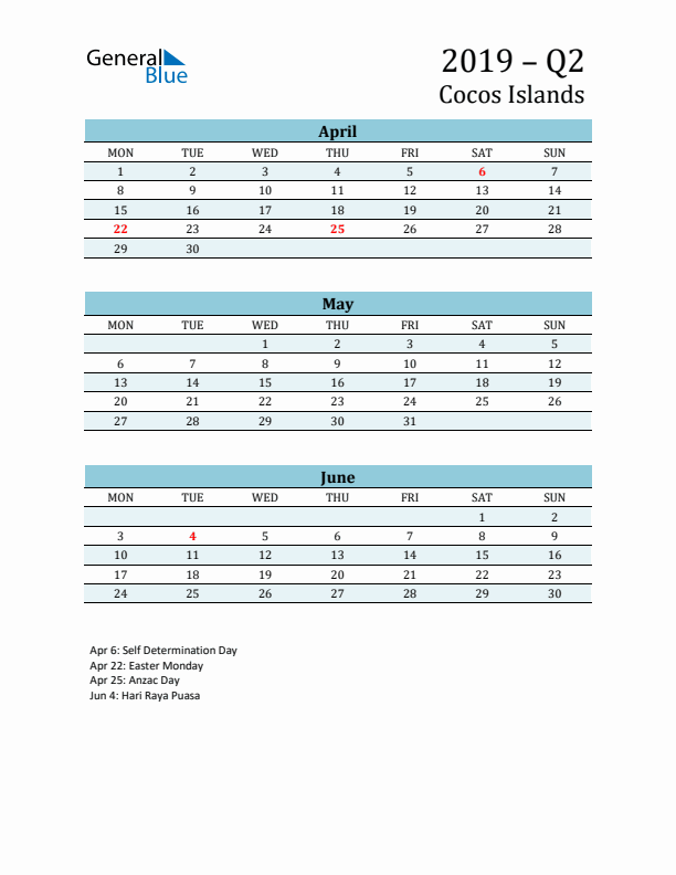 Three-Month Planner for Q2 2019 with Holidays - Cocos Islands