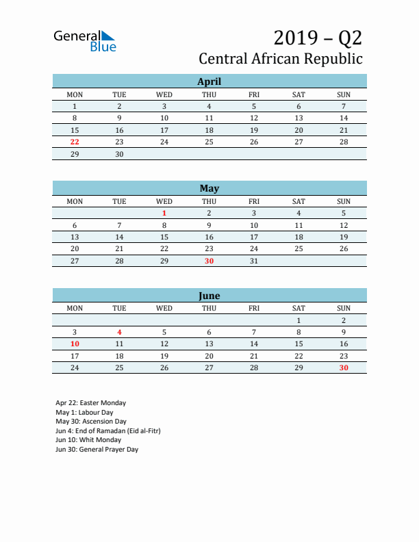 Three-Month Planner for Q2 2019 with Holidays - Central African Republic