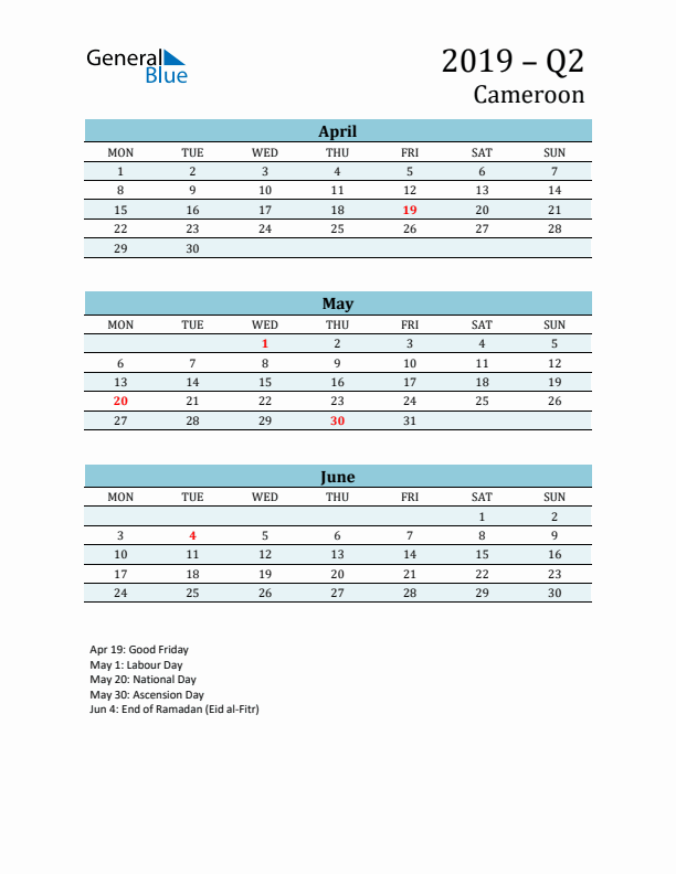 Three-Month Planner for Q2 2019 with Holidays - Cameroon