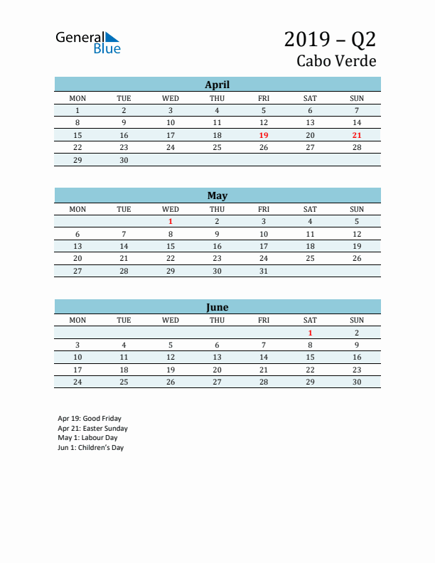 Three-Month Planner for Q2 2019 with Holidays - Cabo Verde