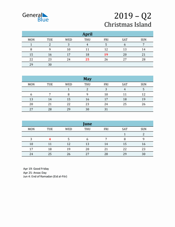 Three-Month Planner for Q2 2019 with Holidays - Christmas Island