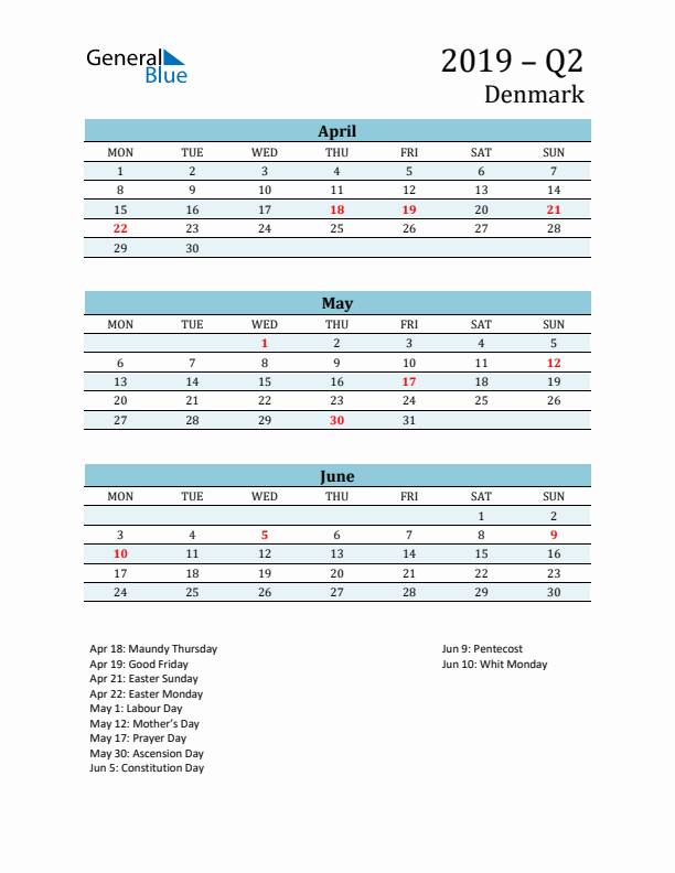 Three-Month Planner for Q2 2019 with Holidays - Denmark