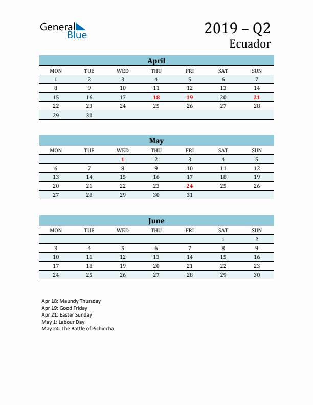 Three-Month Planner for Q2 2019 with Holidays - Ecuador