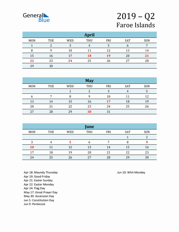 Three-Month Planner for Q2 2019 with Holidays - Faroe Islands