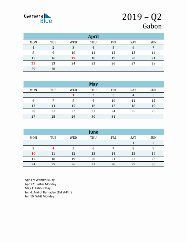 Three-Month Planner for Q2 2019 with Holidays - Gabon