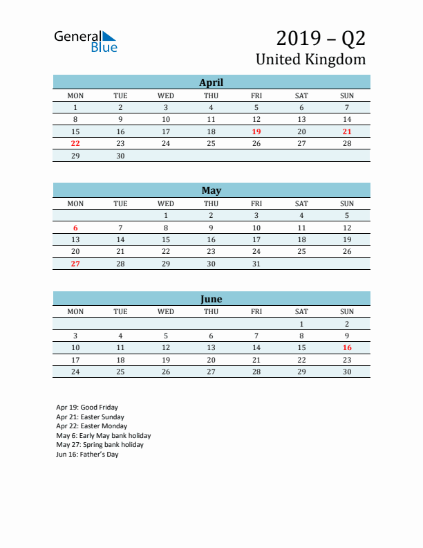 Three-Month Planner for Q2 2019 with Holidays - United Kingdom