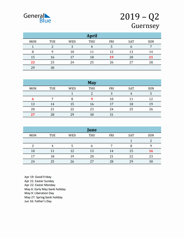 Three-Month Planner for Q2 2019 with Holidays - Guernsey