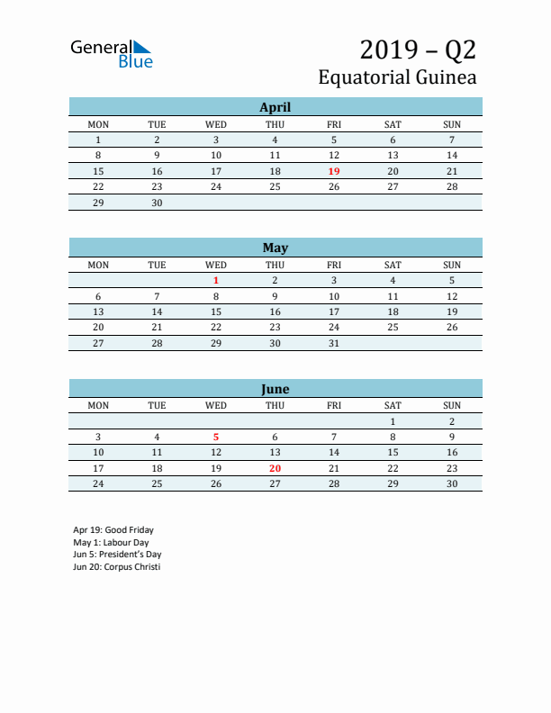 Three-Month Planner for Q2 2019 with Holidays - Equatorial Guinea