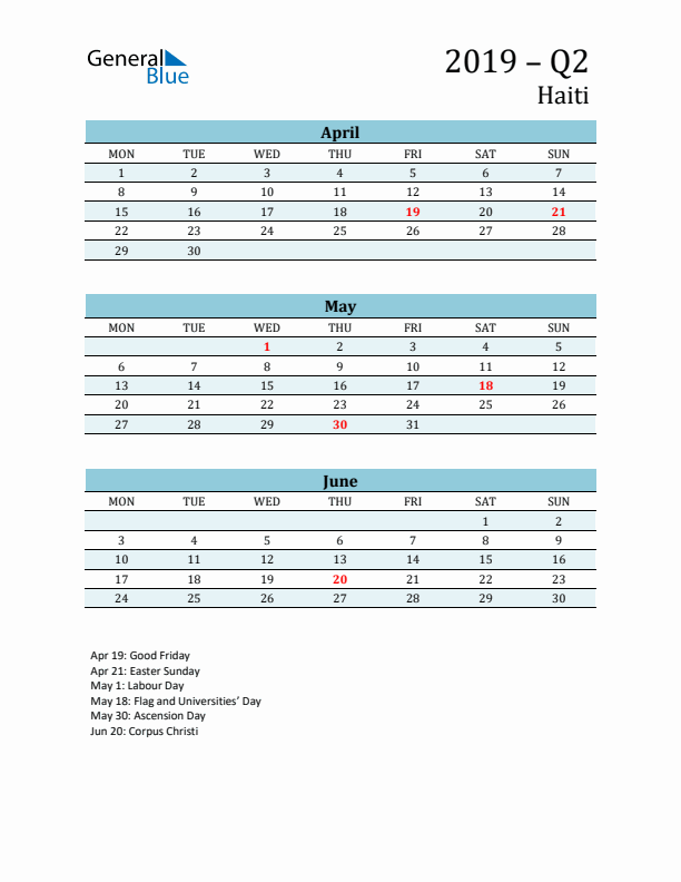 Three-Month Planner for Q2 2019 with Holidays - Haiti